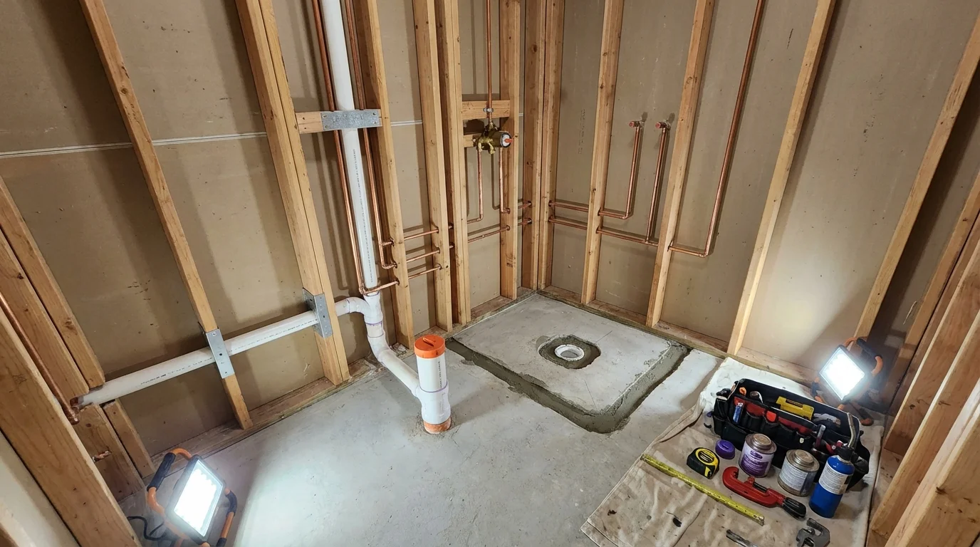 Bathroom rough-in plumbing during remodel by Johns Plumbing LLC in Roselle Park