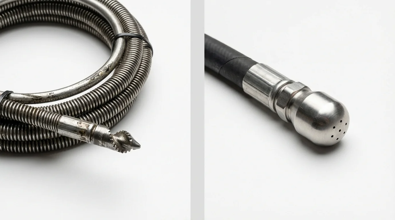Drain snake cable and hydro jetting nozzle used for drain cleaning in Roselle Park, NJ