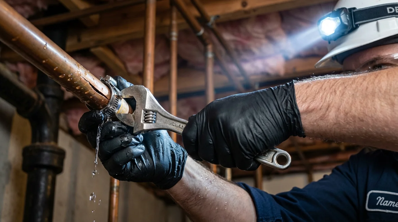 Emergency pipe clamp repair being performed by a Johns Plumbing LLC plumber in Roselle Park