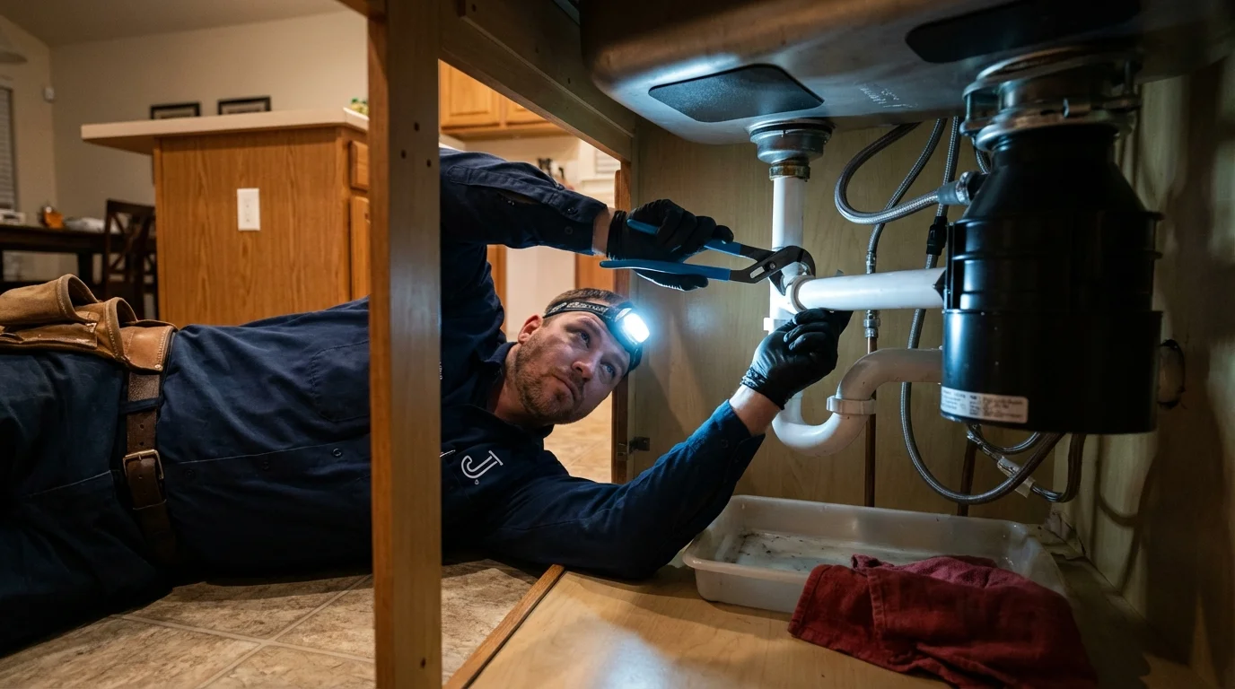 P-trap and supply line connections under a kitchen sink showing a common leak point in Roselle Park, NJ